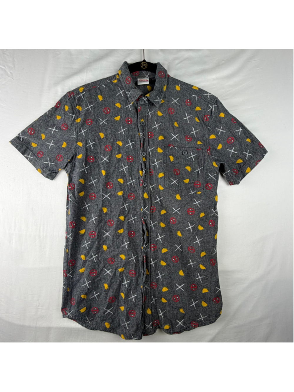 Marvel Deadpool Tacos Swords Button Up Shirt Short Sleeve Grey Mens Small